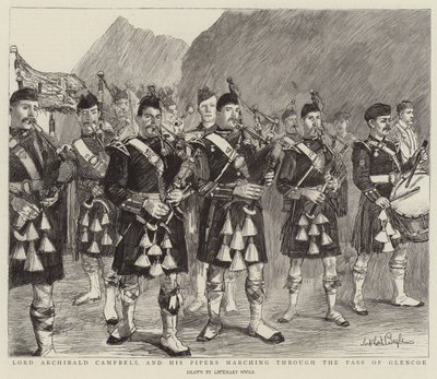 Lord Archibald Campbell et ses joueurs de cornemuse traversant le col de Glencoe - William Lockhart Bogle